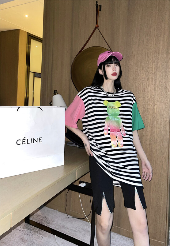 [3 + 2] Korean stripe Sequin advanced loose short sleeve T-shirt 3203# WPL
