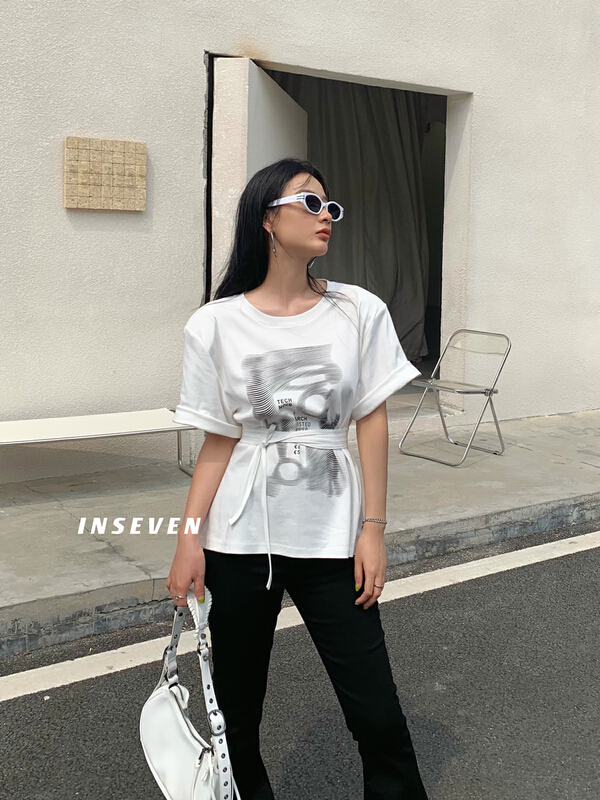 New in early summer! [inseven] simple temperament printed short sleeve T-shirt (with belt) 27112# ozq