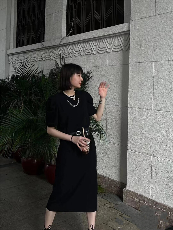 New in early summer! [pepper] casual design, loose bubble sleeve dress (detachable with chain) 643# PCZ