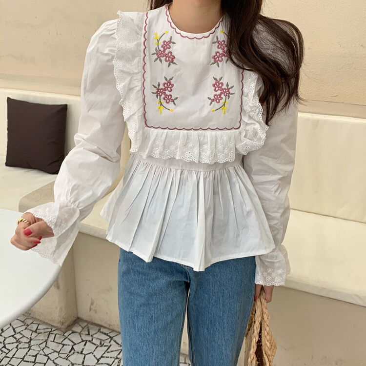 New year in early spring! [timely rain] Han Feng ins minority design sense embroidered small flower lotus leaf sweet long shirt a20058# WPL