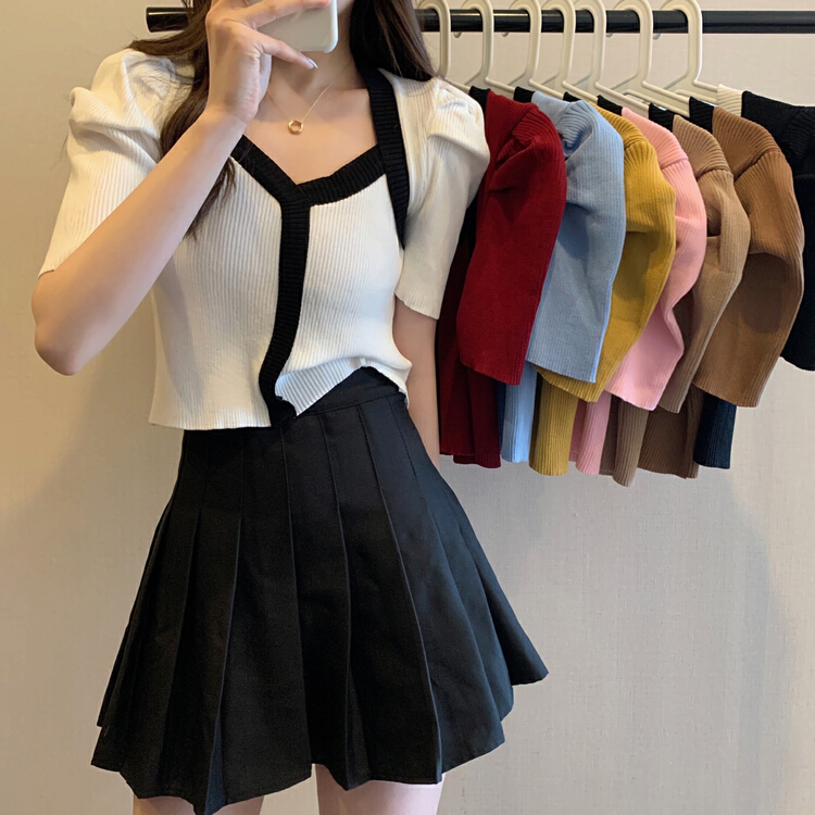 [f · P] bubble sleeve Vintage V-neck temperament contrast knit 8292# HBx