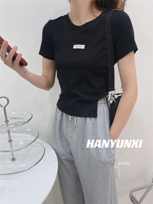 New in early summer! [Han Yunxi] simple and versatile small label drawstring short sleeve T-shirt 1638# ZZL