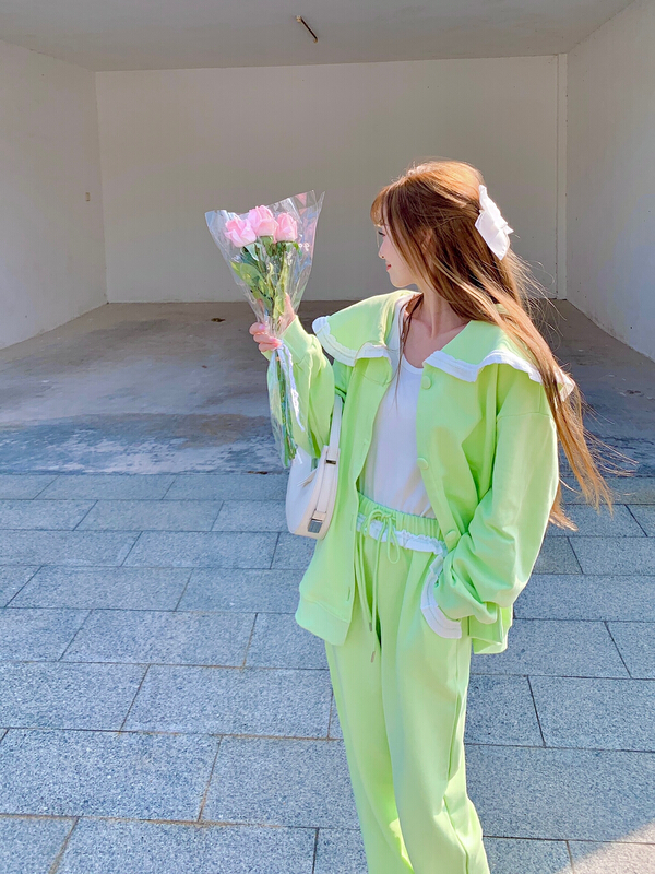 New year in early spring! [love] large lapel color contrast single breasted sweater jacket + elastic waist Leggings suit 889-1# WTT