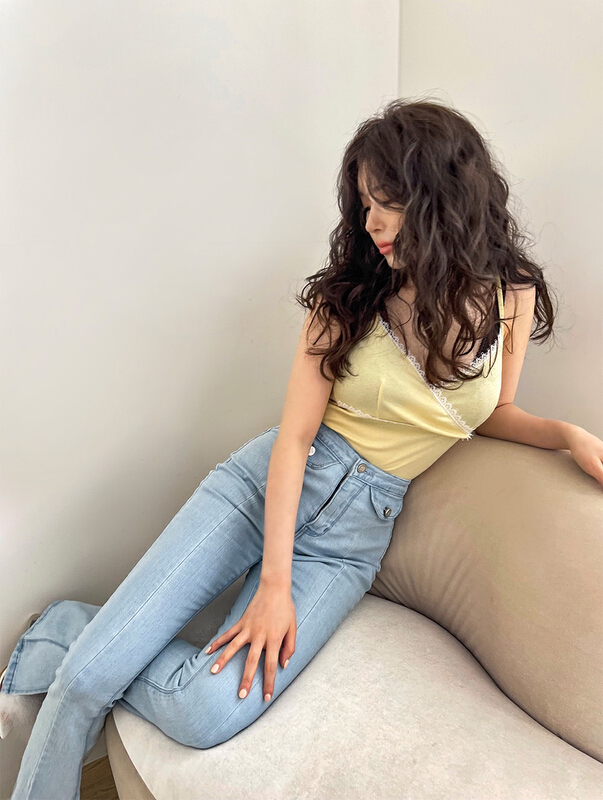 [smile baby] Korean version of spice girl style high waist double fake pockets slim fit and thin split micro horn tight jeans b3103# WPL