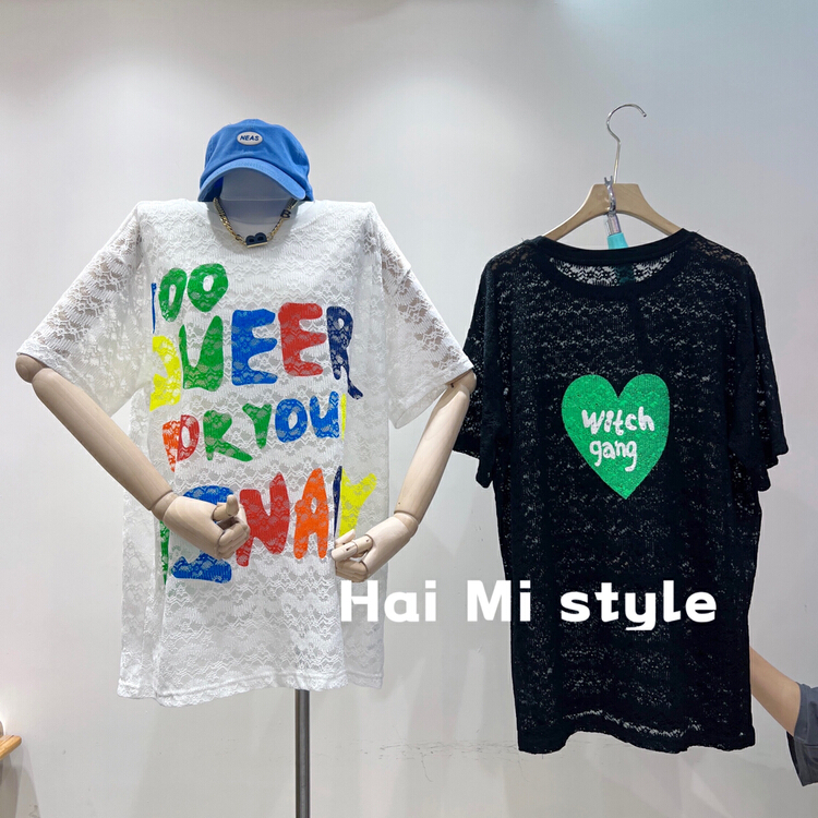 [Haimi] Korean printed lace versatile short sleeve T-shirt 1872# WTT