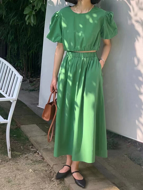 [JH] solid color lantern sleeve short sleeve blouse + high waist slim skirt suit 41622# PCZ