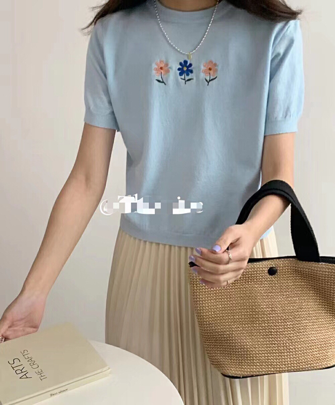 [S.J] temperament flower embroidery versatile T-shirt 6890# LSW