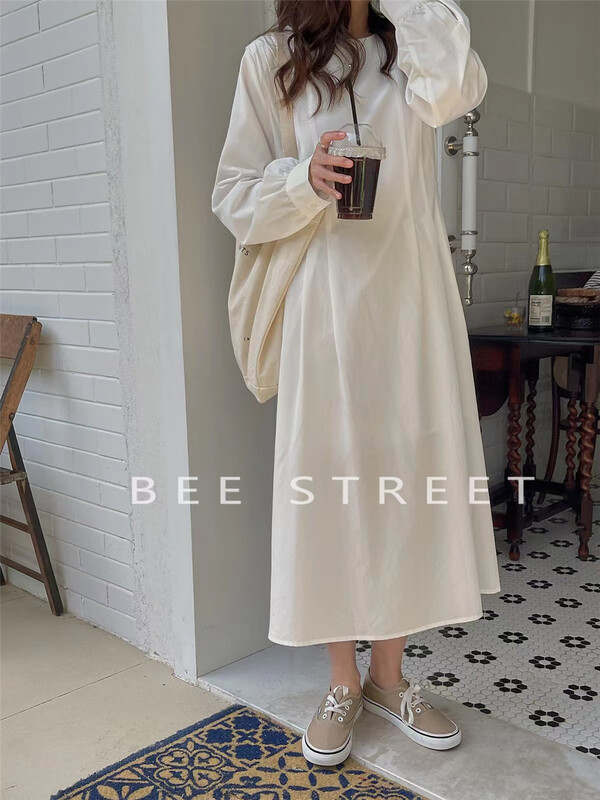 [bee Street] round neck clean color pleated waist design dress b9003# jhy