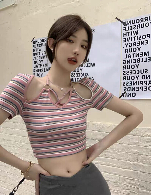 [Baobao] Korean slim stripe short shirt 5766# ozq