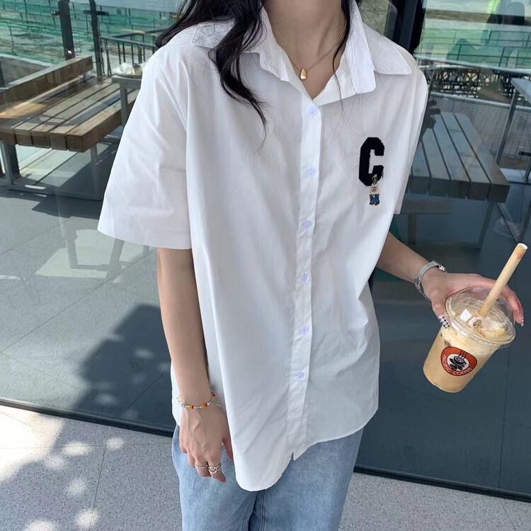 New in early summer! [free Valley] letter bear embroidered loose shirt 4697# LSW