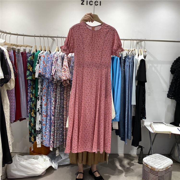 [zicci] floral pleated short sleeved dress 106542-1# lwy