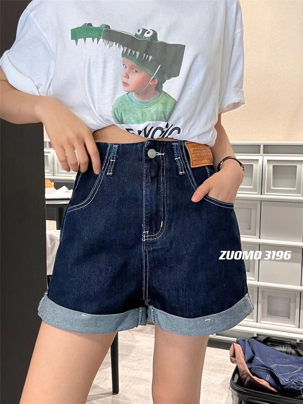 [zuomo Zuo Mo] high waist hem versatile denim shorts 3196# XJ