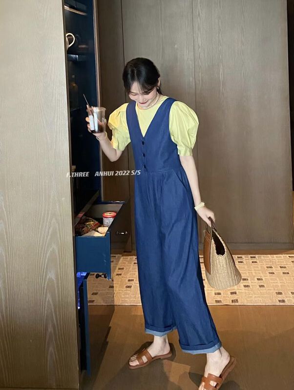 [f.three] simple style denim wide leg Jumpsuit 95221# XJ