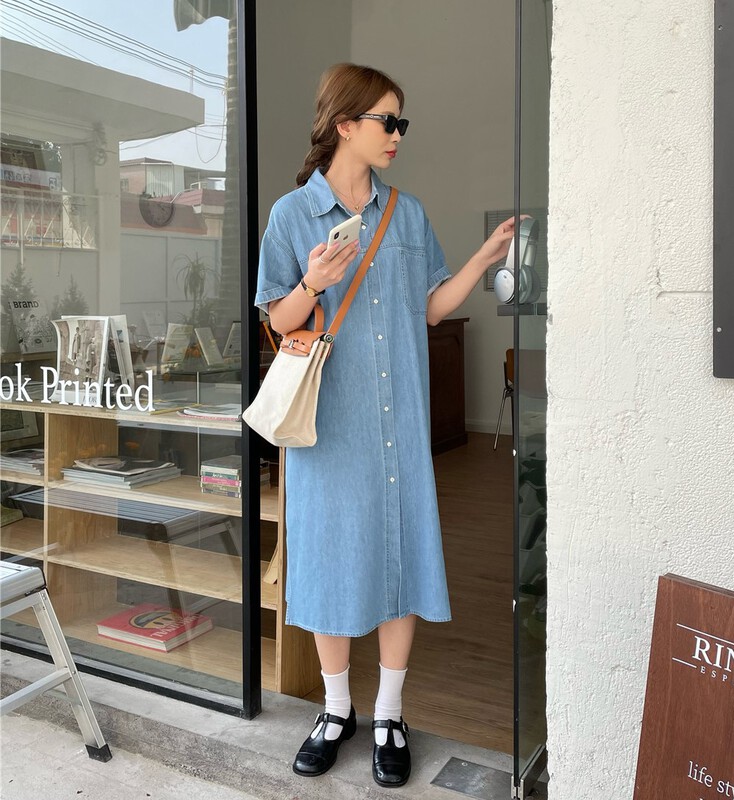 [feeding] Korean loose casual denim dress (with belt) 8899-d7# cqw