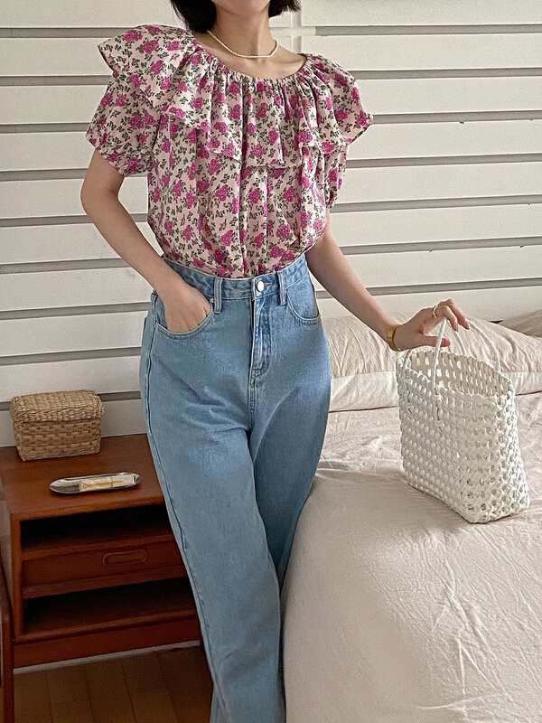 [secondtime] French ruffled floral one shoulder shirt 5212# XJ