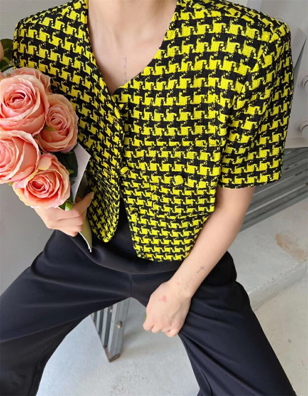 New in early summer! [keep] round neck breasted plaid jacket 7770# WTT