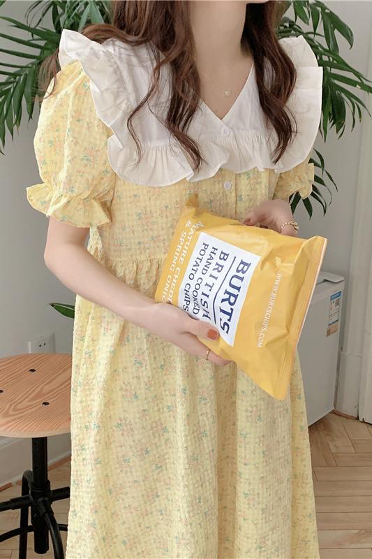 [timely rain] small fresh Plaid floral V-neck dress 52569# WPL