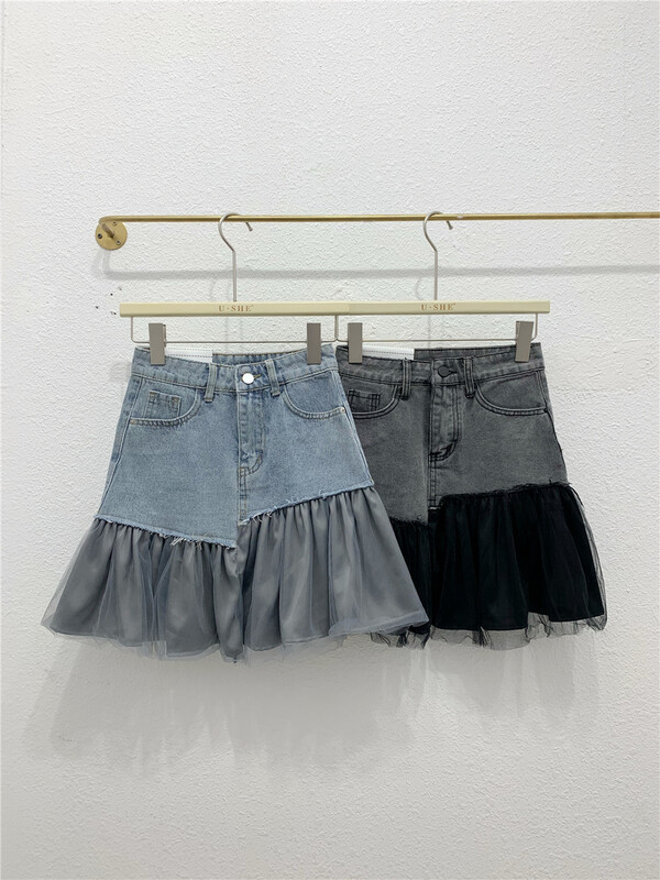 [u.she] Korean version splicing design shows thin denim skirt 81155# cqw