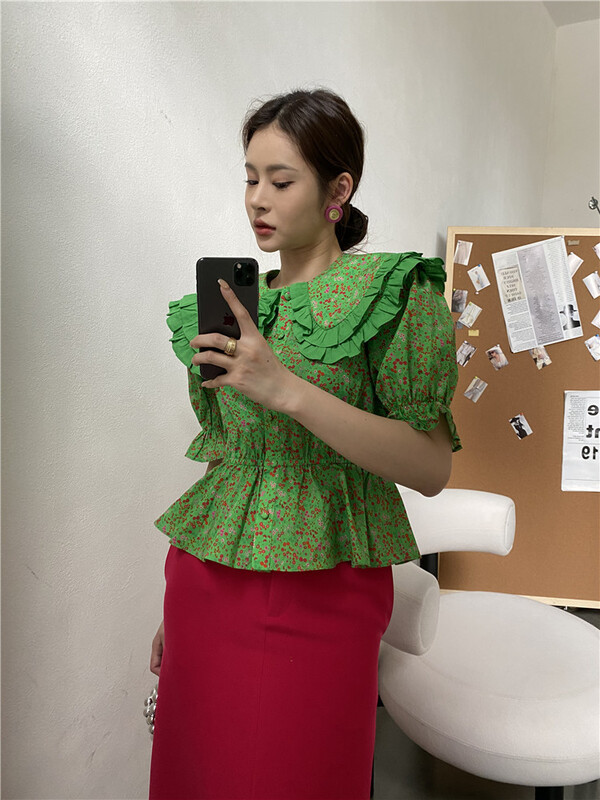 goods in stock! New in early summer! [modern 197] Korean version thin broken flower small fresh shirt 5512# GYJ