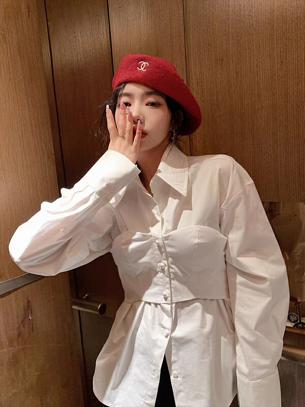 goods in stock! Early spring! [savage] Korean version of foreign style fake two simple shirts with pearl buttons and breast pads e5859# jhy