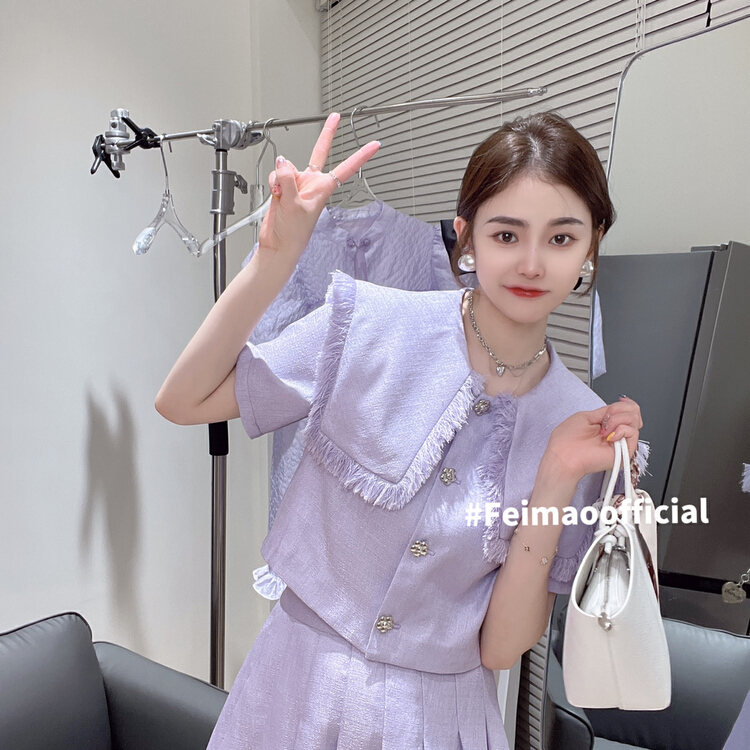 New in early summer! [Feimao Philippine cat] short coat with rough edge and small fragrance + high waist pleated skirt suit ym-7409# LSL