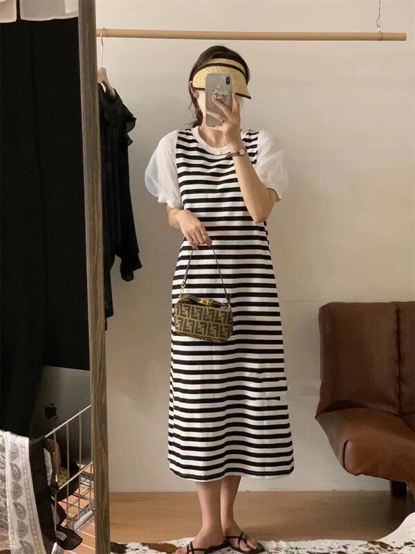 [OA] personalized stripe loose stitching bubble sleeve dress 1262# XYY