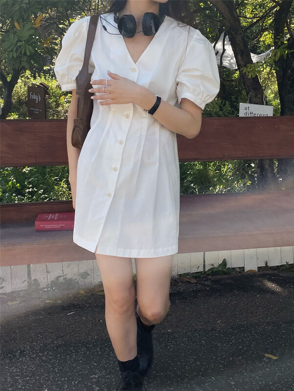 [Gabrielle] V-neck single breasted bubble sleeve dress b2266# zxl