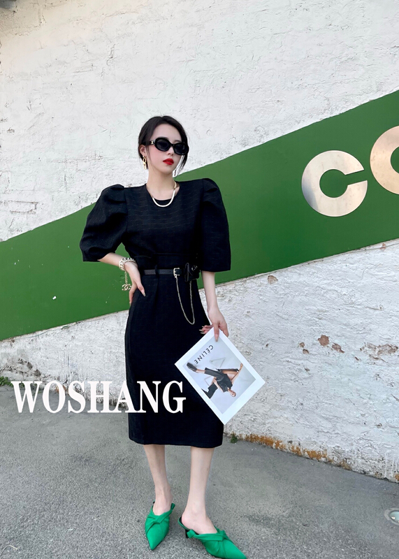 goods in stock! New in early summer! [woshang] slim round neck Bubble Sleeve Top + high waist solid color skirt set (with belt) 1178# XYJ