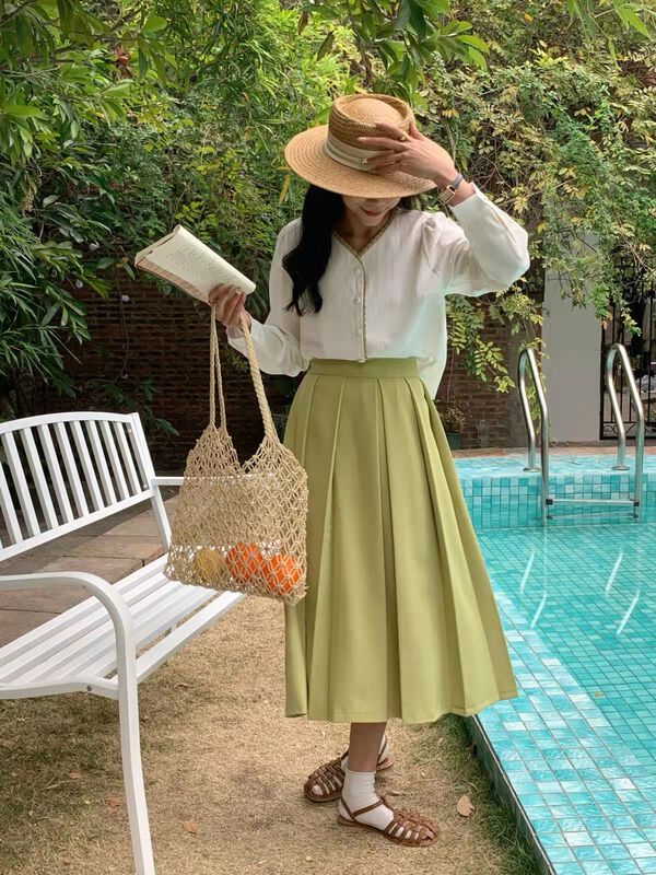 New year in early spring! [city light] French high waist A-line pleated design medium length skirt 9100# XJ