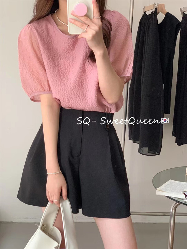 [sq] Korean style round neck bubble sleeve texture shirt ys1-3306# zxx