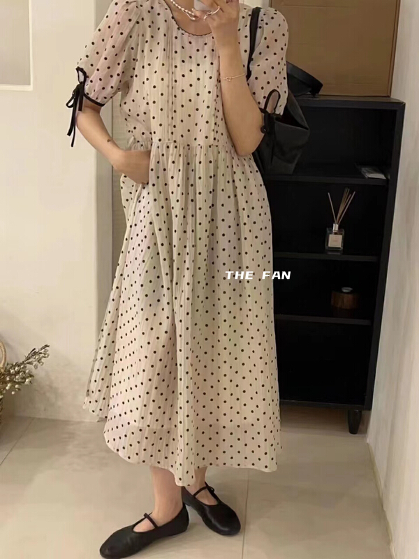 [the fan] fashion round neck wave dot medium length dress 505696# PCZ
