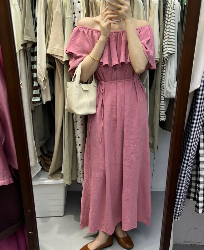 [h-xl] Korean slim solid one line neck dress (with belt) 3508# XYY