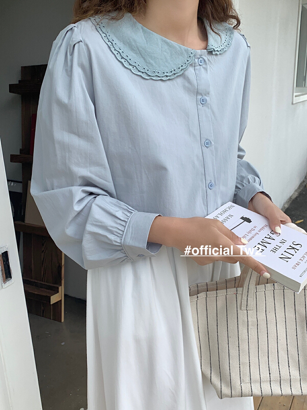 New year in early spring! [TW2] Korean soft double layer doll neck asymmetric lace blouse 15233# HBx