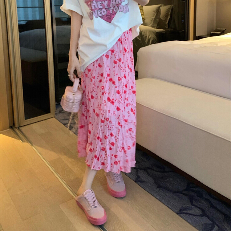 [timely rain] Han Feng ins design sense girl crush flowers show thin elastic waist show thin skirt 21479# WPL