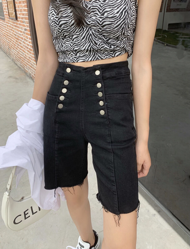 New in early summer! [JFT] double breasted high waist five point Denim Shorts Black 3535 light blue 3533# CLS