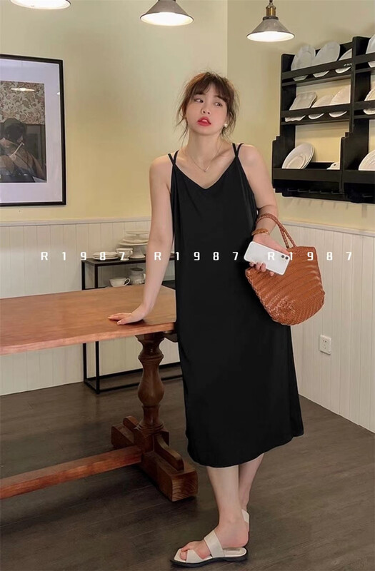 [r1987] Korean solid color cross suspender dress 5102# ZSY