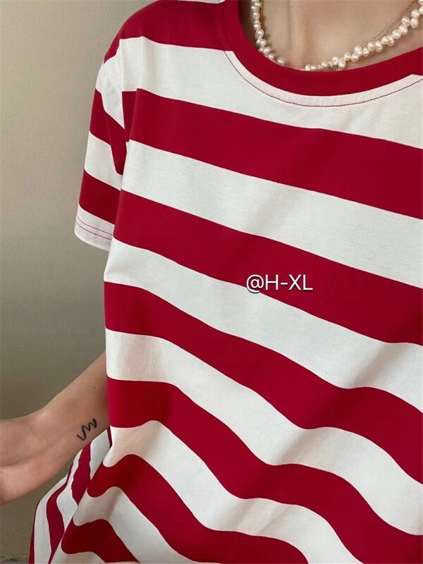 [h-xl] Korean round neck loose stripe short sleeve T-shirt 3532\xyy