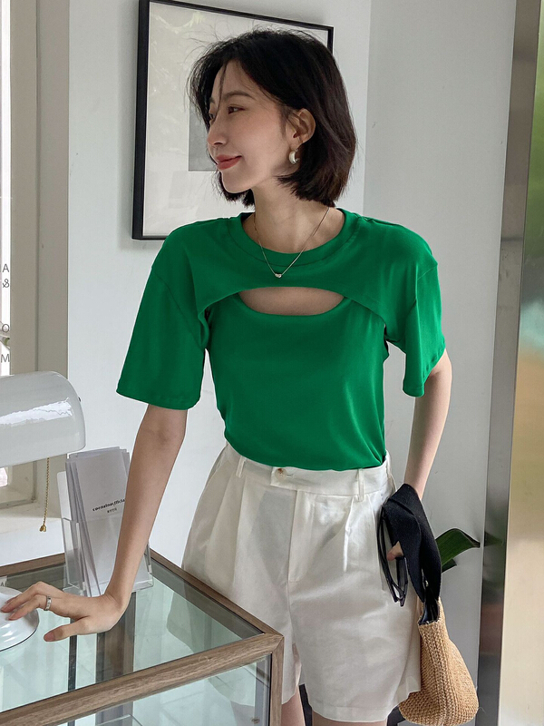 [secondtime] simple and versatile solid short sleeve T-shirt 5213# XJ
