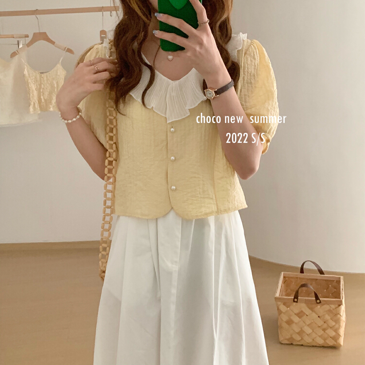New in early summer! [choco] small fresh pleated collar pearl shirt (only selling small shirts) 8257# HBx