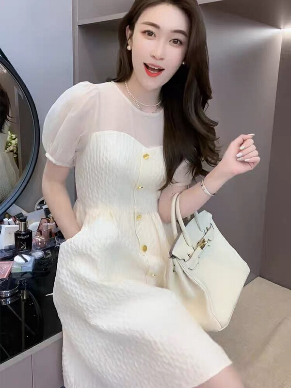 New in early summer! [jun.t] French small fragrance mesh bubble sleeve dress 5869# PCZ