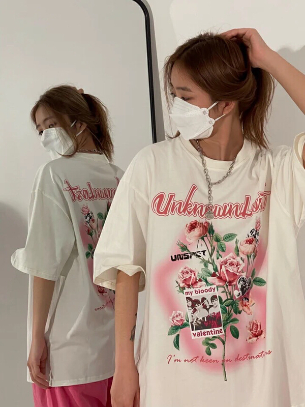 [kakamee] American retro rose spray painting short sleeve T-shirt 3975# LSL