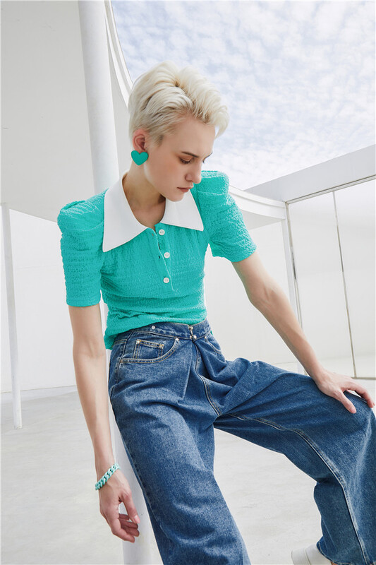 [kunswear] color blocked bubble sleeve fashion short sleeve T-shirt 66282# XYJ