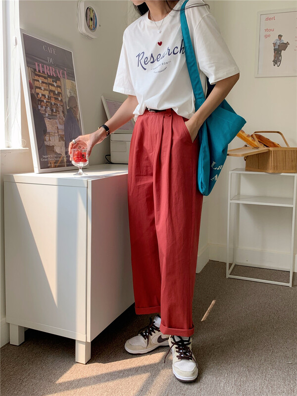 goods in stock! New in early summer! [Linai] Korean crimp straight tube versatile casual pants (with belt) 221u035# zxx