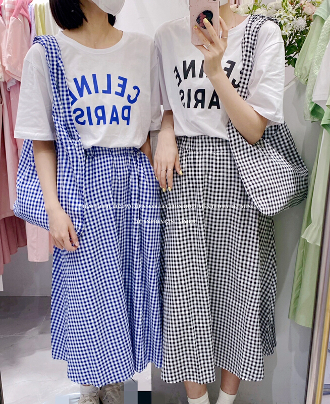 [teem ing] letter printed short sleeve T-shirt + slim loose Skirt Set (with bag) 22t277# hjy