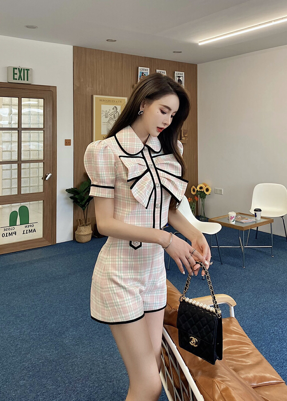 [AC] fashion Plaid bubble sleeve short sleeve T-shirt (T-shirt only) 6851# JJ
