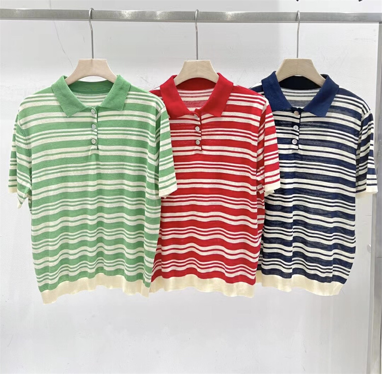 New in early summer! [td] Korean Striped Polo neck T-shirt 2248# XJ