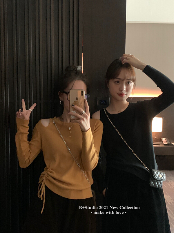 [B plus] Korean version small fresh temperament off shoulder drawstring sweater 1307-2# HBx