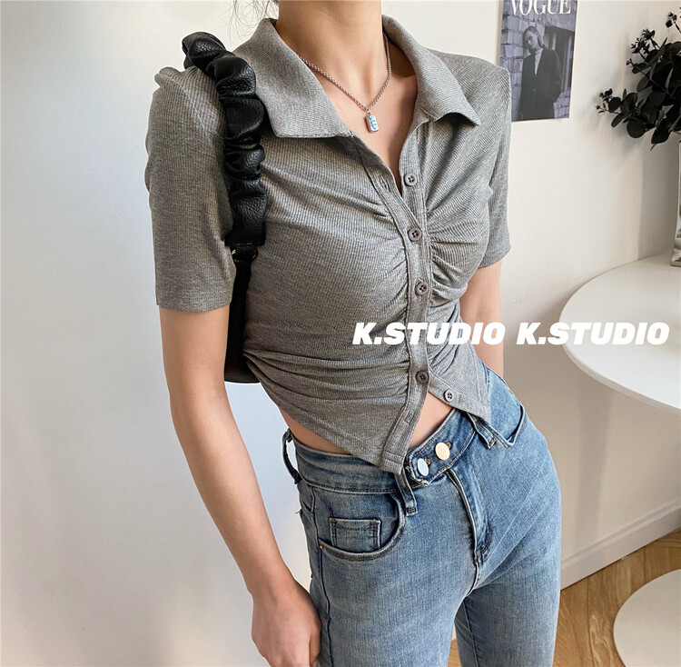 [Kim studio] Korean wrinkled single breasted slim fitting short sleeve T-shirt 3292# PCZ