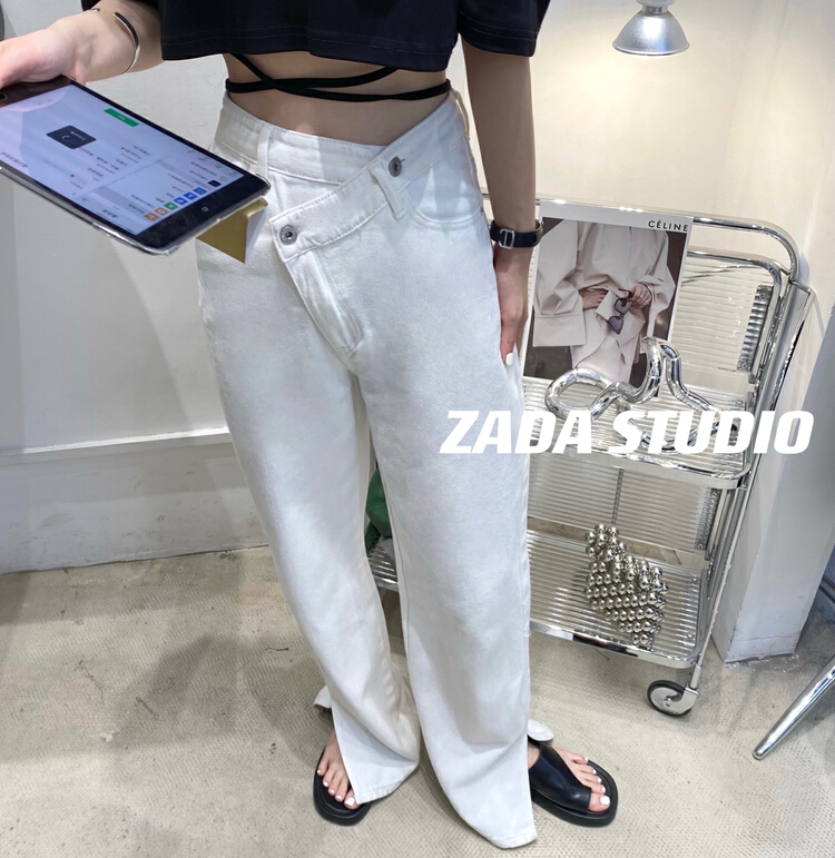 [Zada] Korean ins diagonal buckle white jeans 3229# WTT