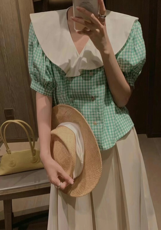 New in early summer! [o.lucky] large lapel Plaid bubble sleeve blouse 1671# HBx